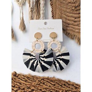 New White & Black Rope Boho Beach Drop Earrings Summertime Fashion Jewelry